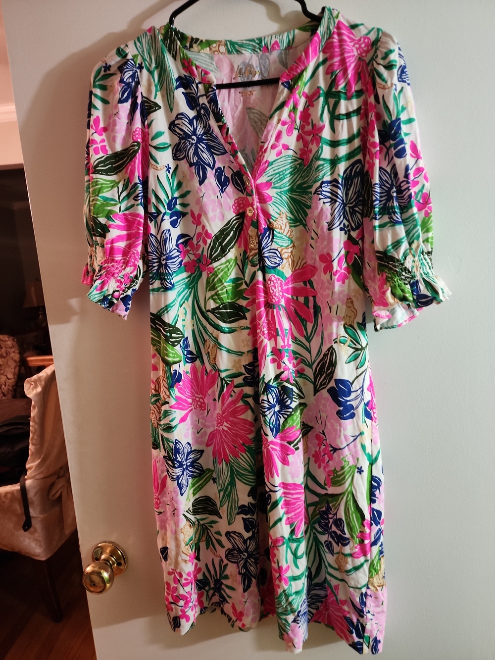 Lilly Pulitzer Delsie Floral V-Neck Cotton Dress in Pink & Green